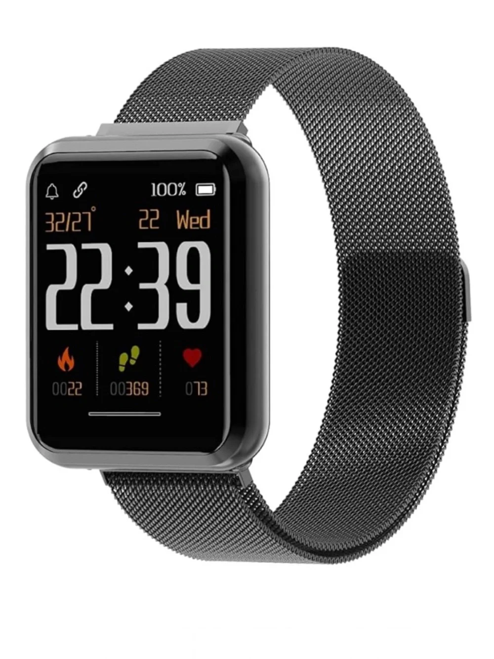 Black Smart Fitness Watch Metal Mesh Magnetic Band Emerge S3 Android & IPhone